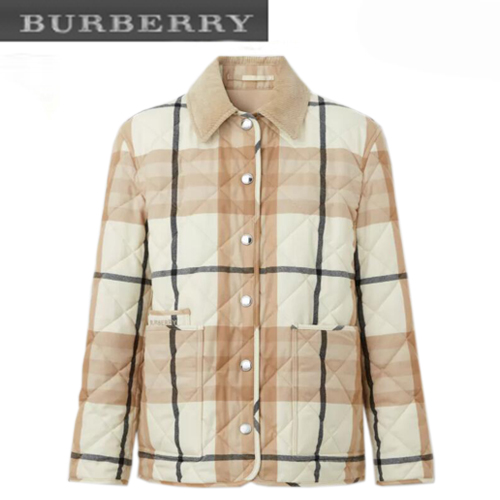 BURBERRY-80554381 버버리 베이지 코듀로이 칼라 다이아몬드 퀼팅 울 반 재킷